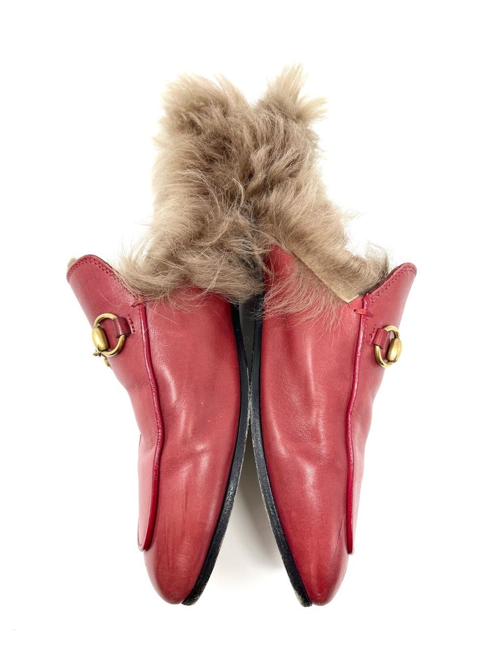 Gucci Princetown Red Leather Horsebit Mules Loafers Slippers Slides With Fur 37 - Picture 3 of 10